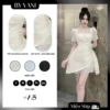 Váy Ren Cổ Vuông Phối Tay Bồng Đi Tiệc A5