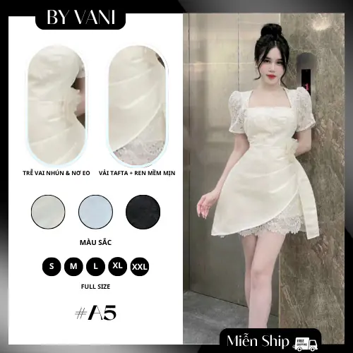 Váy Ren Cổ Vuông Phối Tay Bồng Đi Tiệc A5