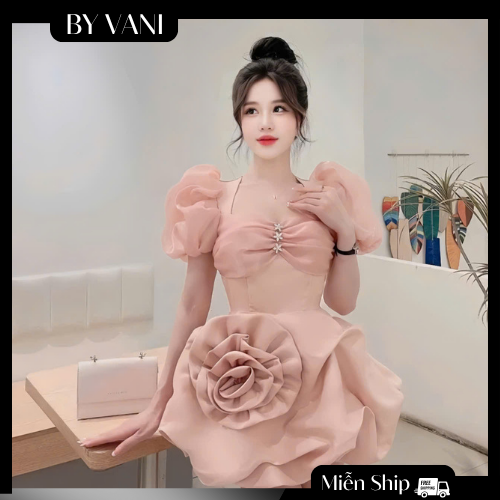 Váy Tafta Tay Bồng Đính Hoa Bản Lớn M105