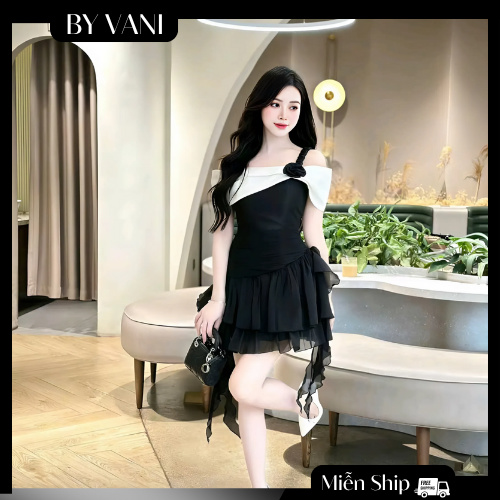 Váy Tafta Trễ Vai Xếp Tầng Đính Hoa Tơ M100 BY VANI