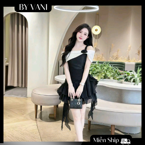 Váy Tafta Trễ Vai Xếp Tầng Đính Hoa Tơ M100 BY VANI