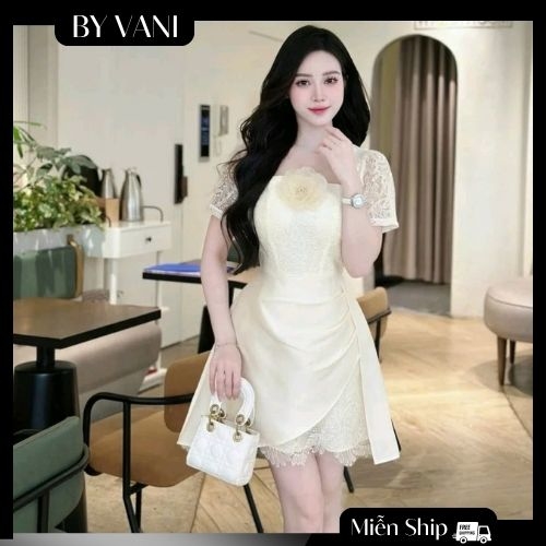 Váy Ren Cổ Vuông Phối Tay Bồng Đi Tiệc A5