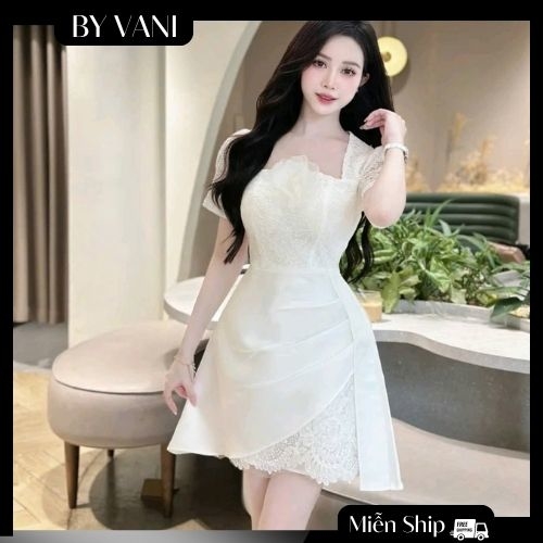 Váy Ren Cổ Vuông Phối Tay Bồng Đi Tiệc A5