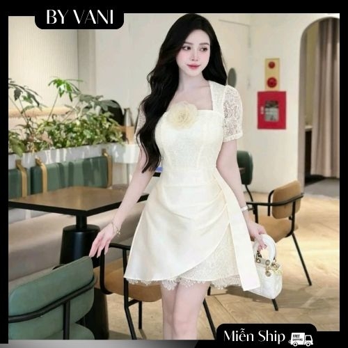 Váy Ren Cổ Vuông Phối Tay Bồng Đi Tiệc A5