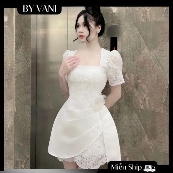 Váy Ren Cổ Vuông Phối Tay Bồng Đi Tiệc A5