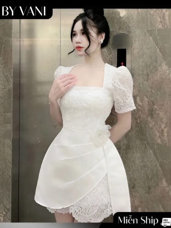 Váy Ren Cổ Vuông Phối Tay Bồng Đi Tiệc A5