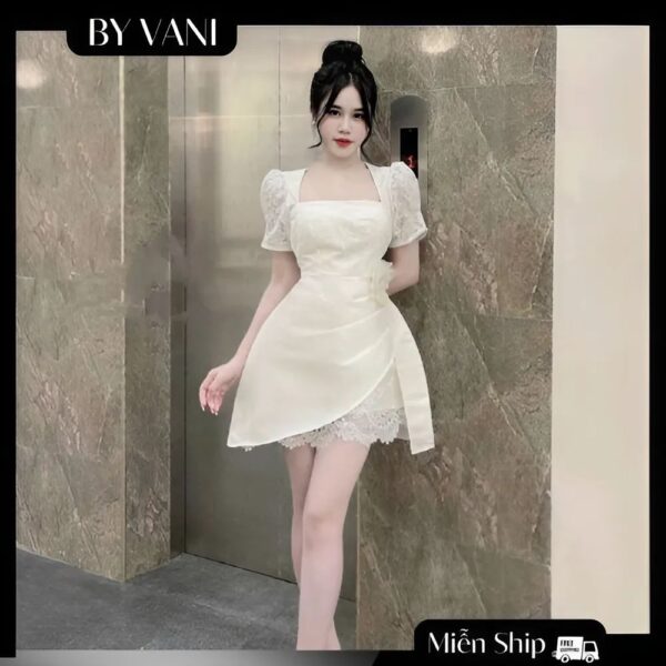 Váy Ren Cổ Vuông Phối Tay Bồng Đi Tiệc A5