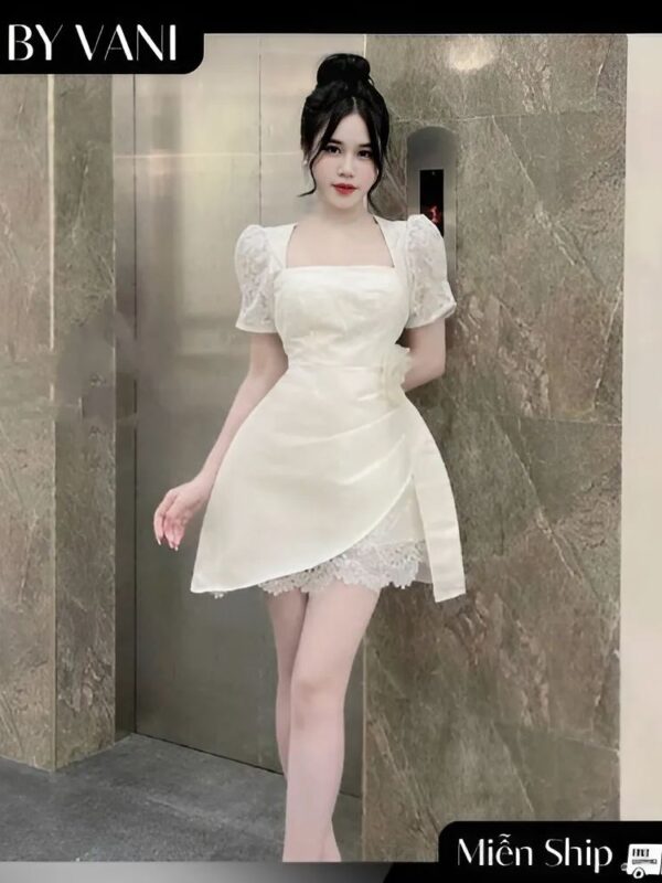 Váy Ren Cổ Vuông Phối Tay Bồng Đi Tiệc A5