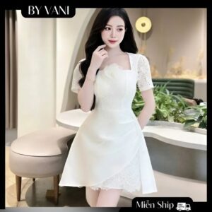 Váy Ren Cổ Vuông Phối Tay Bồng Đi Tiệc A5