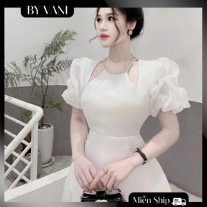 Váy tafta cổ yếm tay bồng 