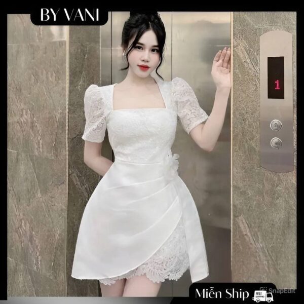 Váy Ren Cổ Vuông Phối Tay Bồng Đi Tiệc A5