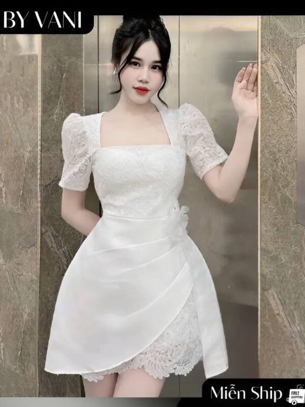 Váy Ren Cổ Vuông Phối Tay Bồng Đi Tiệc A5