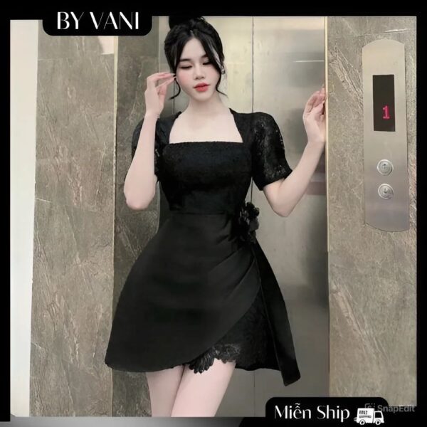 Váy Ren Cổ Vuông Phối Tay Bồng Đi Tiệc A5
