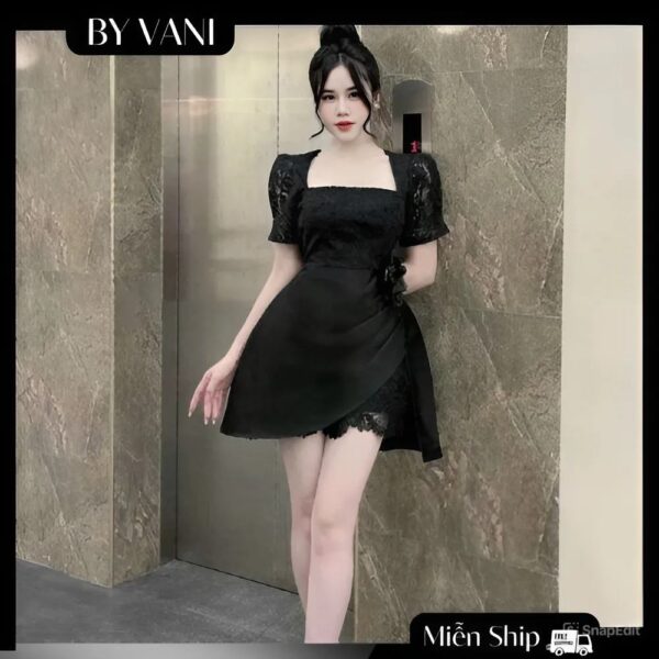 Váy Ren Cổ Vuông Phối Tay Bồng Đi Tiệc A5