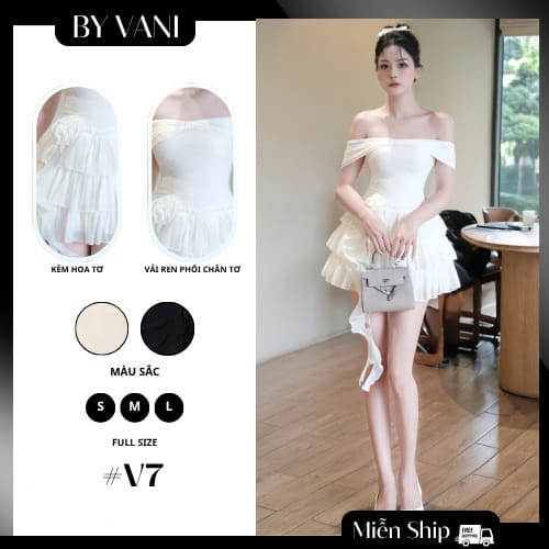Váy Ren Trễ Vai Voan Tầng Đính Hoa V7 BY VANI