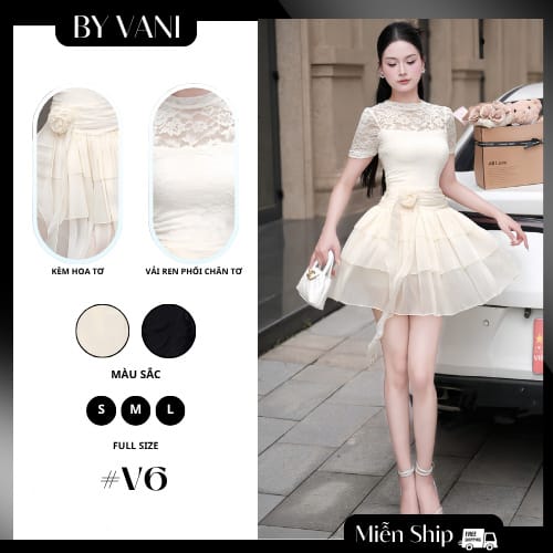 Váy Ren Cổ Cao Voan Tầng Dáng A Nhẹ Nhàng V6