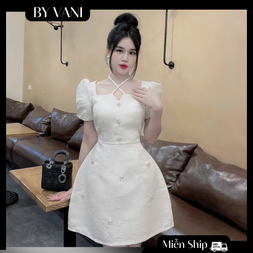 Váy gấm tay bồng cổ vuông đính nơ nhỏ M5