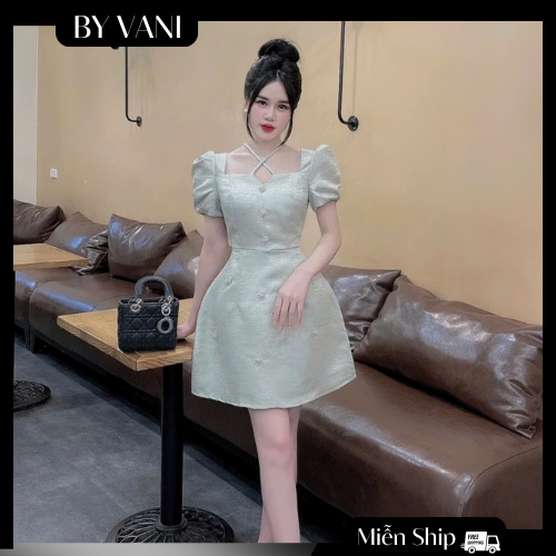 Váy gấm tay bồng cổ vuông đính nơ nhỏ M5