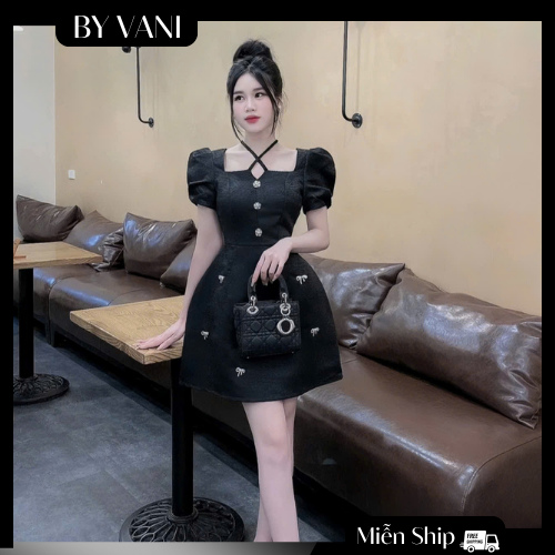 Váy gấm tay bồng cổ vuông đính nơ nhỏ M5