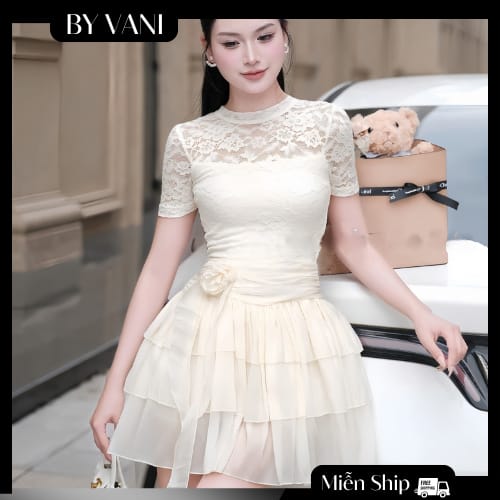 Váy Ren Cổ Cao Voan Tầng Dáng A Nhẹ Nhàng V6