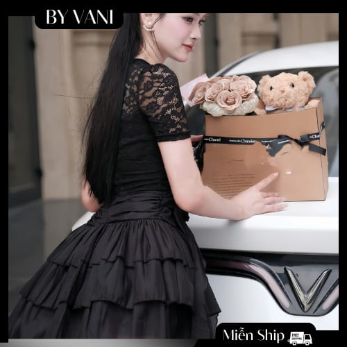 Váy Ren Cổ Cao Voan Tầng Dáng A Nhẹ Nhàng V6