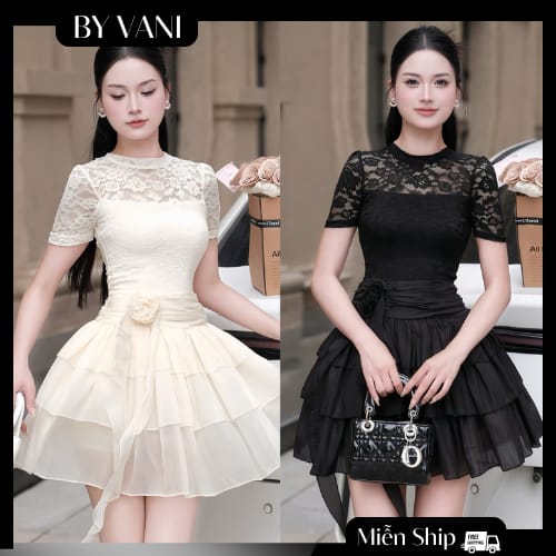 Váy Ren Cổ Cao Voan Tầng Dáng A Nhẹ Nhàng V6